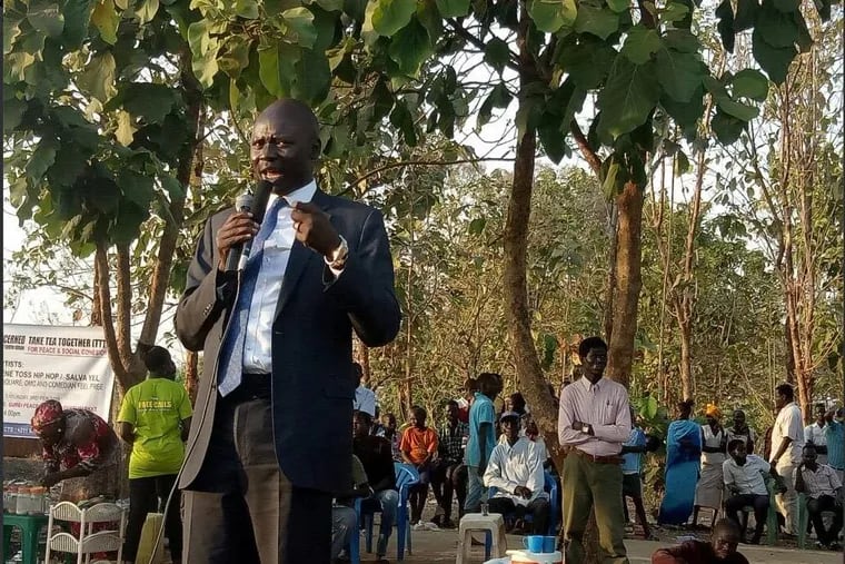 Peter Biar Ajak in Juba, South Sudan, in February, attending a community event dubbed "Take Tea Together," a local forum aimed at promoting peace among young people in South Sudan.