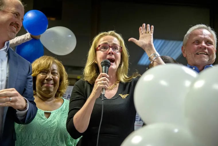 State Rep. Madeleine Dean celebrates her Democratic primary win in the newly drawn Fourth Congressional District, at her headquarters in Fort Washington.