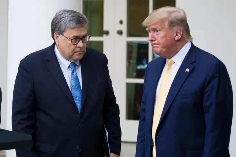 Attorney General William Barr, left, and President Donald Trump turn to leave after speaking in the Rose Garden of the White House, in Washington.