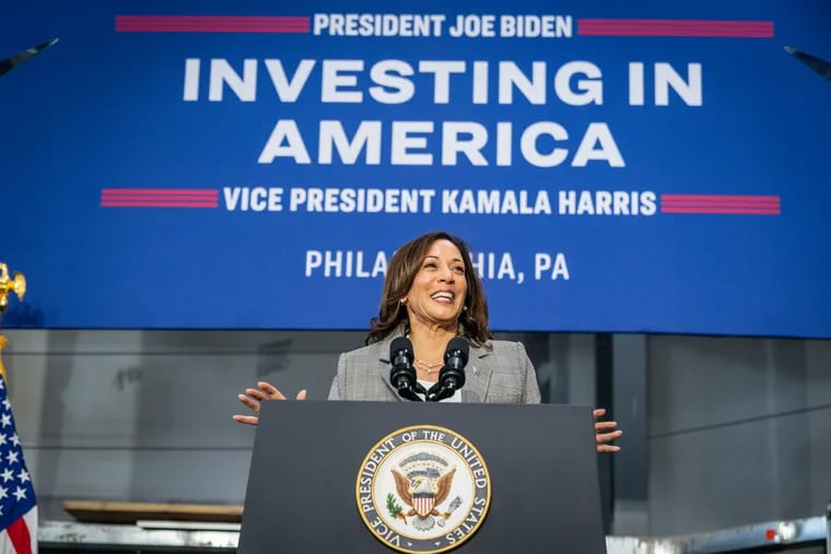 Vice President Kamala Harris speaks at the Finishing Trades Institute in Northeast Philadelphia to announce an initiative to increase wages for construction workers.