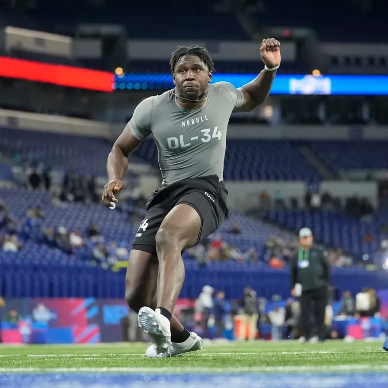 Jalyx Hunt, shown during a drill at the NFL scouting combine, is an edge rusher from Houston Christian. The Eagles drafted him in the third round of the 2024 NFL draft.