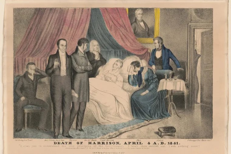 This 1841 Currier &amp; Ives illustration depicts William Henry Harrison on his deathbed with Rev. Hawley, a physician, niece, and nephew in attendance, as well as Thomas Ewing, Secretary of Treasury, Daniel Webster, Secretary of State, and Francis Granger (waiting at the door), Postmaster General.