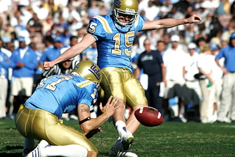 UCLA's Kai Forbath kicks a field goal against Oregon in 2007. (AP Photo/Jeff Lewis)