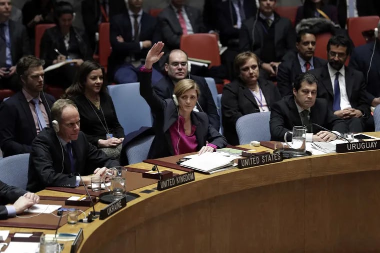 Samantha Power, U.S. permanent representative to the United Nations, votes to abstain a draft resolution urging an end to Israeli settlement activities in West Bank at the UN headquarters on Dec. 23, 2016 in New York.