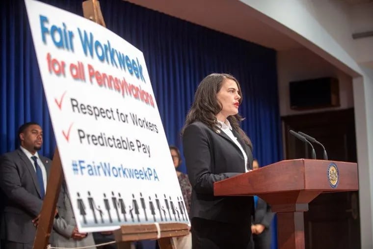 State Representative Elizabeth Fiedler of South Philadelphia introduced Fair Workweek legislation at the State Capitol Wednesday, May 1.