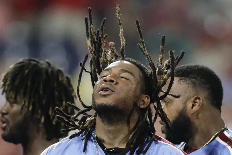 Phillies third baseman Maikel Franco flips his hair after hitting the game-winning home run against the Miami Marlins on Thursday night at Citizens Bank Park.