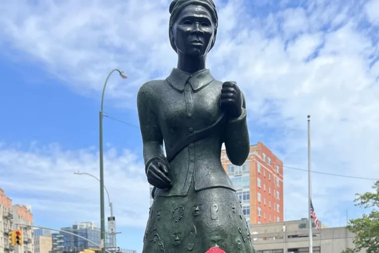 Ken Johnston, the Philadelphia  "Walking Artist" arrived at the "Swing Low" Harriet Tubman Memorial statue in Harlem on Thursday, July 14, 2022. He is embarking on a new, 450-mile walk from Harlem to St. Catharines, Ontario in Canada today.