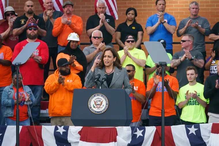 Vice President Kamala Harris speaks at the Sheet Metal Workers Local 19 on Tuesday.