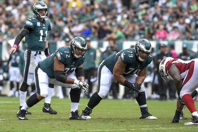 Eagles reserve offensive lineman Halapoulivaati Vaitai (72) replaced right tackle Lane Johnson, who left the game against the Cardinals with a head injury.