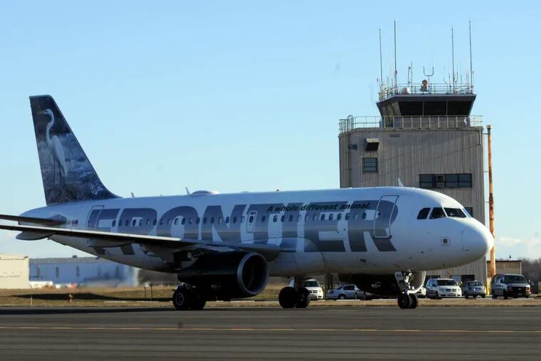 A Frontier Airlines plane at Trenton-Mercer Airport. The airfield will be affected by the closures.