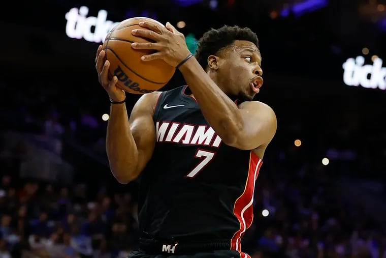 Miami Heat guard Kyle Lowry grabs the basketball against the Sixers on Monday, March 21, 2022 in Philadelphia.