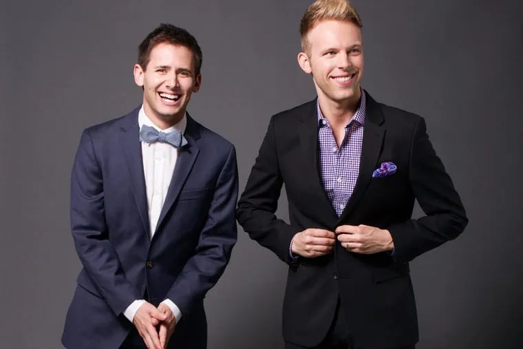 Benj Pasek (left) and Justin Paul visit on a book tour for their Broadway hit "Dear Evan Hansen," now a novel.