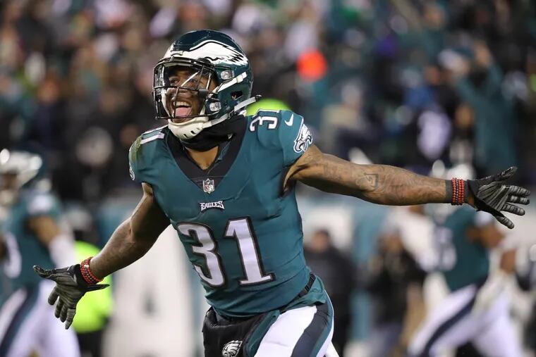 Eagles’ corner Jalen Mills celebrates after breaking up the Falcons’ fourth-down attempt in the fourth quarter to seal the Eagles’ 15-10 win.