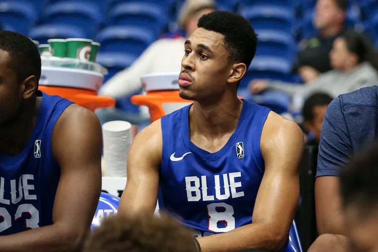 The Delaware Blue Coats' Zhaire Smith watching from the bench as his team played the Greensboro Swarm on Nov. 11, 2019.