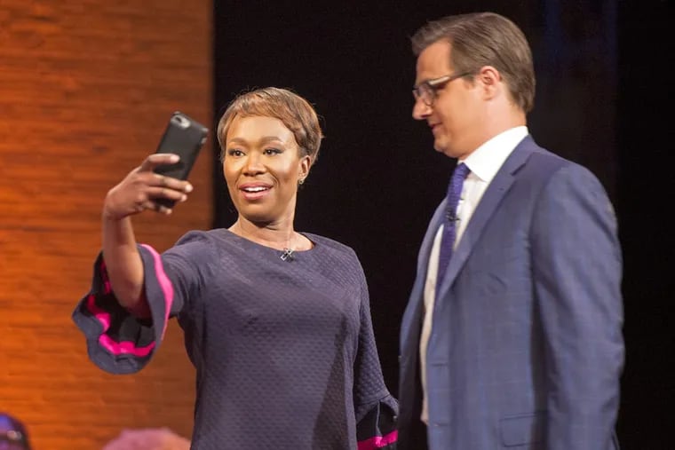 MSNBC hosts Chris Hayes and Joy Reid take a selfie on the stage of the Prince Theater on Tuesday before the taping of their show, “Everyday Racism in America.”