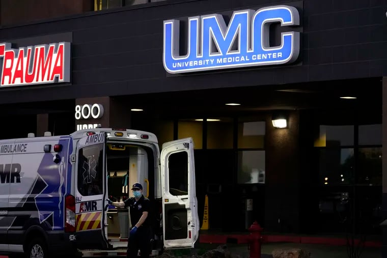An ambulance is parked at the University Medical Center in Las Vegas.