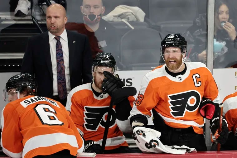 Flyers interim head coach Mike Yeo and Claude Giroux voice their displeasure over a penalty called on the Flyers during the Montreal Canadians vs Philadelphia Flyers NHL game at the Wells Fargo Center in Phila., Pa. on March 13, 2022.