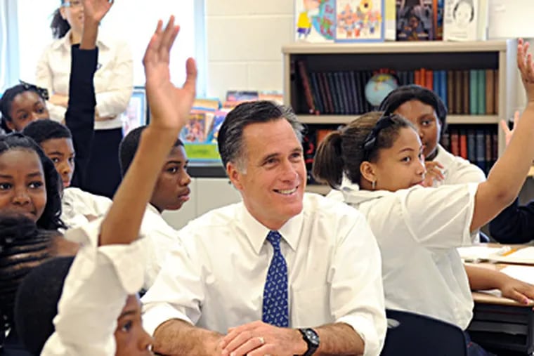 Mitt Romney, in Philadelphia, disputed the importance of class size. CLEM MURRAY / Staff Photographer