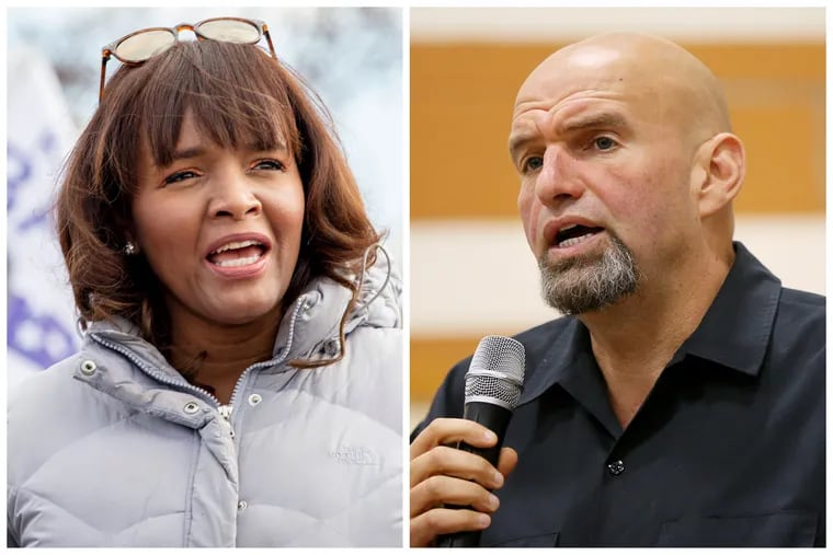 Kathy Barnette, left, and Pennsylvania Lt. Gov. John Fetterman, right. Barnette outpaced better-known Republican opponents in quarterly fund-raising for the state's critical 2022 U.S. Senate race. Fetterman, widely seen as the early Democratic front-runner, far outpaced his primary opponents.