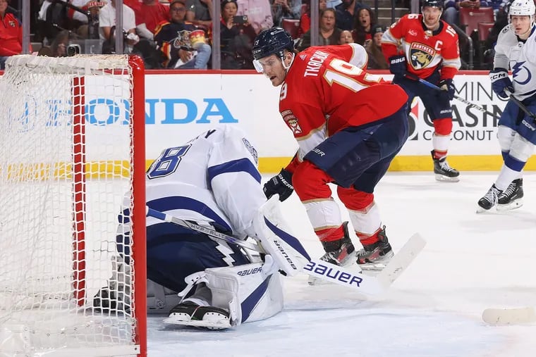 Goaltender Andrei Vasilevskiy #88 of the Tampa Bay Lightning stops a second period shot by Matthew Tkachuk #19 of the Florida Panthers in Game Five of the First Round of the 2024 Stanley Cup Playoffs at the Amerant Bank Arena on April 29, 2024 in Sunrise, Florida. (Photo by Joel Auerbach/Getty Images)