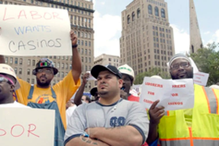 Several hundred people yesterday protested delays in building casinos in Philadelphia. Most were members of a labor and trade union coalition called Build Them Now!