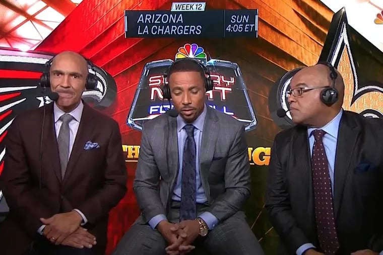 NBC gave normal broadcasters Al Michaels and Cris Collinsworth the night off, replacing them with (from left to right) Tony Dungy, Rodney Harrison and Mike Tirico.