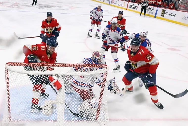 The New York Rangers defend against the Florida Panthers in Game Three of the Eastern Conference Final of the 2024 Stanley Cup Playoffs at Amerant Bank Arena on May 26, 2024 in Sunrise, Florida. (Photo by Bruce Bennett/Getty Images)