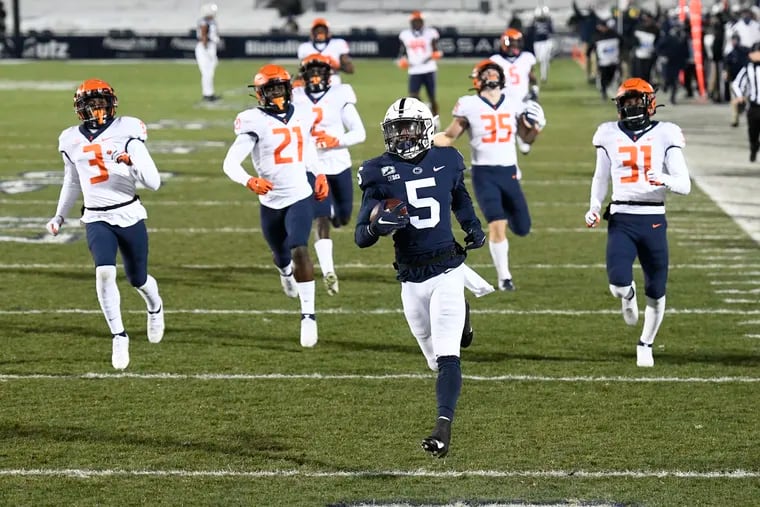 Penn State wide receiver Jahan Dotson, scoring on a 75-yard pass against Illinois.