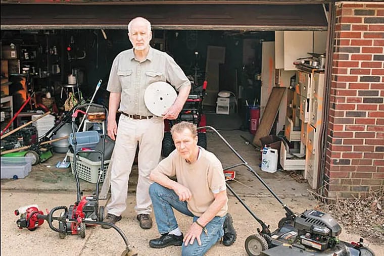 Dennis Gesker (standing) and Bruce Packer are seeking a patent for a machine that would combine the functions of a lawn mower, edger, and weed whacker. Sunday, April 13, 2014, Philadelphia, Pennsylvania. ( Matthew Hall / Staff Photographer )
