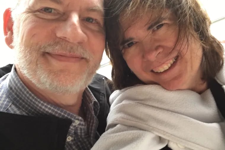 Patricia Quigley-Ayscue, former Inquirer correspondent and assistant director of media relations at Rowan University, died Thursday 10/31at age 63. She is shown here with her husband, Brian Ayscue, in a selfie they took on the beach in Ocean City, N.J., on the day he proposed in 2016.