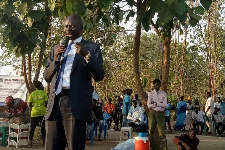 Peter Biar Ajak in Juba, South Sudan, in February, attending a community event dubbed "Take Tea Together," a local forum aimed at promoting peace among young people in South Sudan.