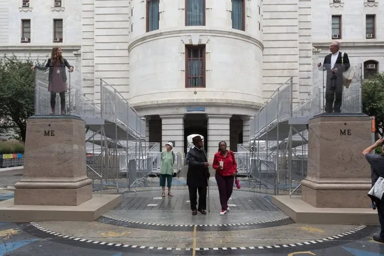 Mel Chin’s “Two ME” monument in the courtyard of City Hall. This fully accessible installation invites the public to complete the artwork as living monuments.