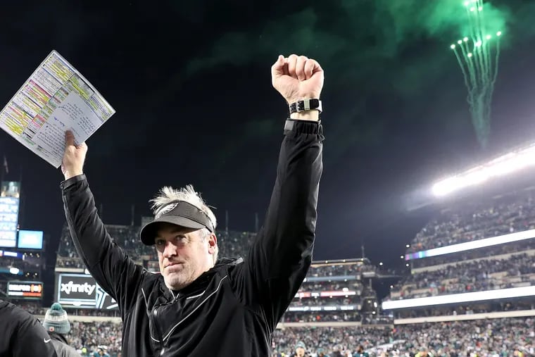 Eagles head coach Doug Pederson celebrates the Eagles win on Sunday.