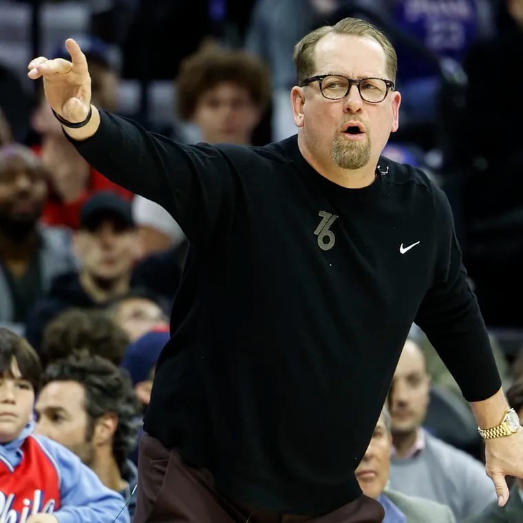 Sixers head coach Nick Nurse calls play against the Heat during the fourth quarter at the Wells Fargo Center in Philadelphia, Monday, March 18, 2024.