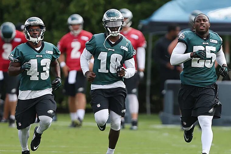 Eagles running back Darren Sproles (left), wide receiver Jeremy Maclin (center), and running back LeSean McCoy (right). (David Maialetti/Staff Photographer)