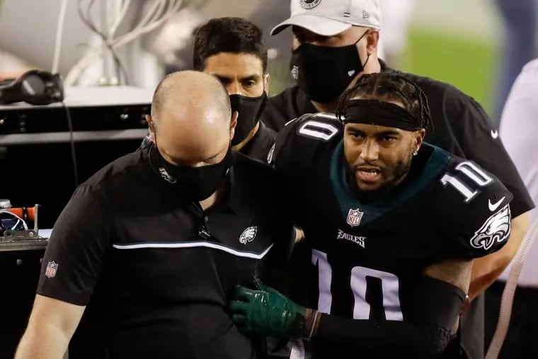 Eagles DeSean Jackson gets medical help after getting injuring attempting to return a punt against the New York Giants on Thursday.