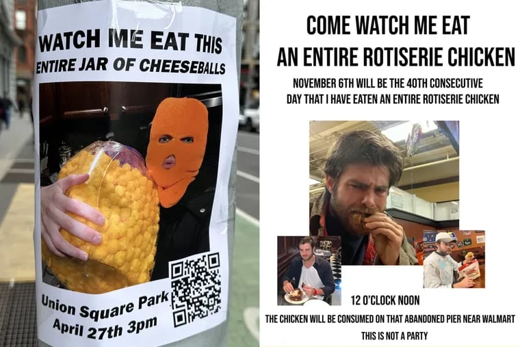 A masked New York man plans to eat an entire jar of cheese balls at Union Square Park this weekend. Philadelphians say it's a poor attempt to copy Alexander Tominsky's viral "Chicken Man" event.