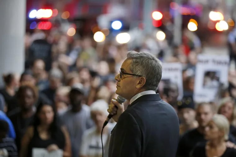 Candidate for district attorney, Larry Krasner, speaks during the “March in Black” on International Overdose Awareness Day in August. DAVID MAIALETTI / Staff Photographer