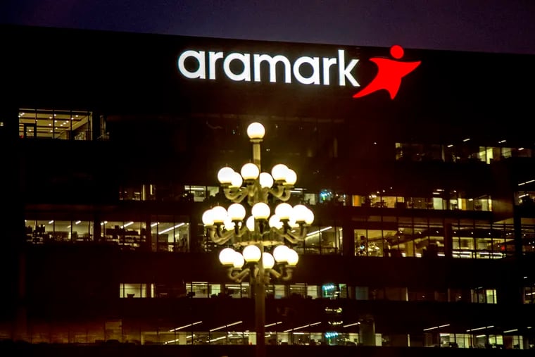 Aramark Global Headquarters at 2400 Market St. seen behind the lights of Market Street Bridge in April.