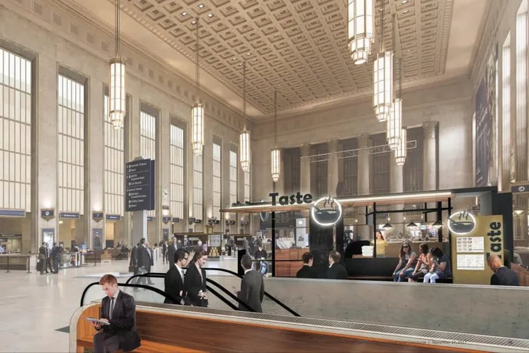 Artist’s rendering of Main Concourse at Amtrak’s 30th Street Station with planned retail kiosks.
