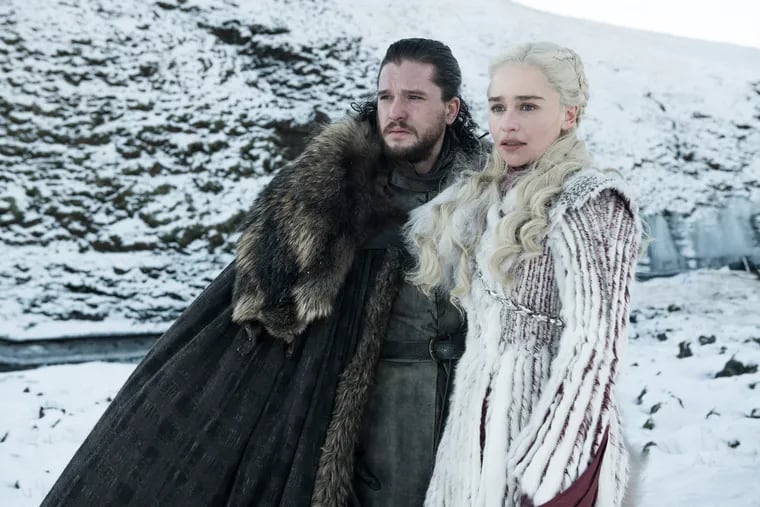 Kit Harington, left, as Jon Snow and Emilia Clarke as Daenerys Targaryen in Season 8 of "Game of Thrones."