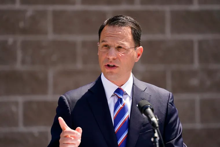 Pennsylvania Attorney General Josh Shapiro spoke with members of the media during a news conference on June 2 in Darby. Shapiro joined a group of state attorneys general who landed an opioid settlement with Johnson & Johnson and three major U.S. pharma distributors.