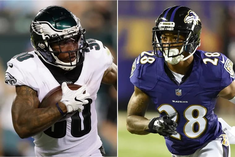 The Eagles' Corey Clement (left) and the Ravens' Anthony Averett.