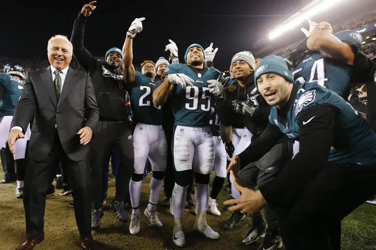 Philadelphia Eagles owner Jeffrey Lurie danced with his players at the end of their NFC championship game win over the Minnesota Vikings that booked a trip to the Super Bowl to play the New England Patriots.