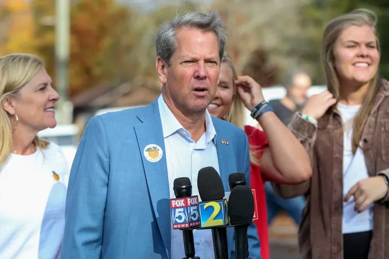 Republican candidate for Georgia Governor Gov. Brian Kemp gives a statement to members of the media Tuesday in Winterville, Ga.