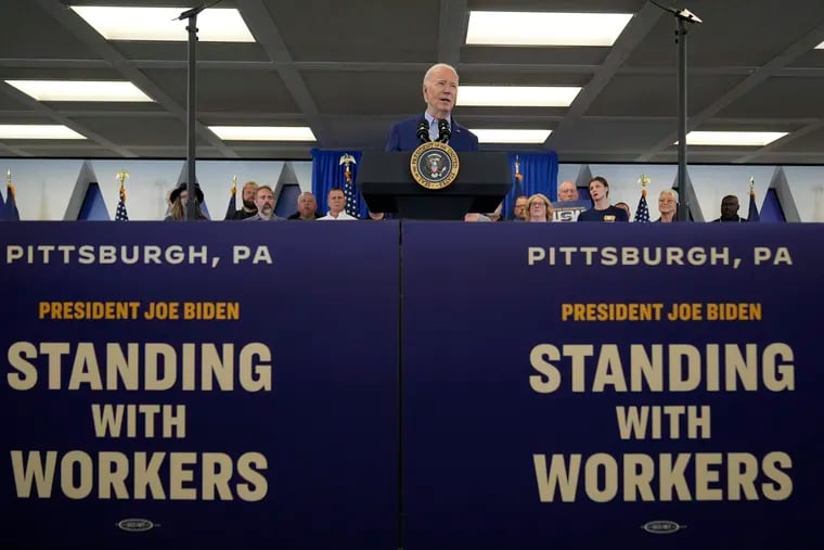 President Joe Biden speaks at a campaign event at United Steelworkers Headquarters on Wednesday, April 17, 2024, in Pittsburgh, Pa.