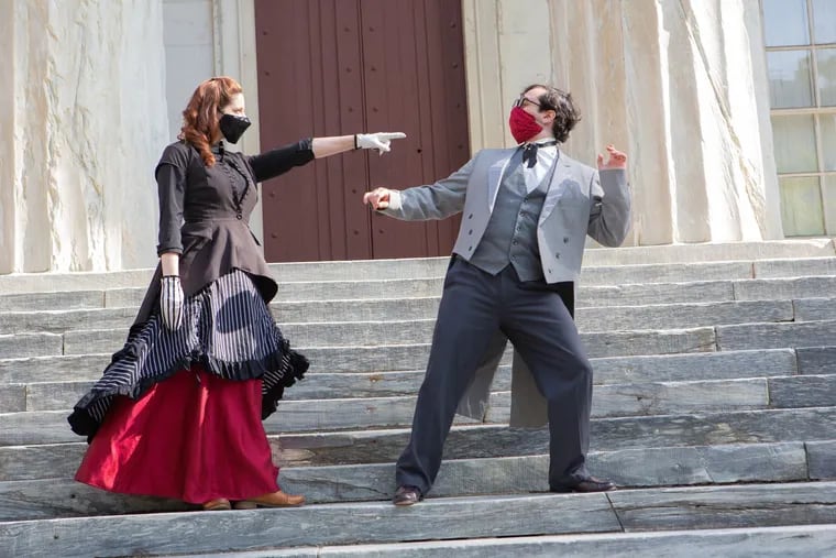 Actors Jen Jaynes and Justin Caiazzo preview "Murder by Gaslight: A Murder Mystery Walking Tour." Evening tours begin from outside the Liberty Bell on Fridays, Saturdays, and Sundays, starting May 7.