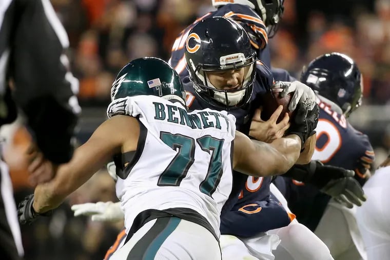 Michael Bennett sacks Bears quarterback Mitchell Trubisky during the Eagles' win on Sunday.