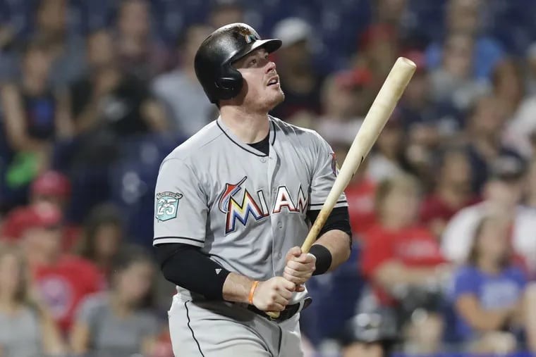Justin Bour watching his home run against the Phillies last week.