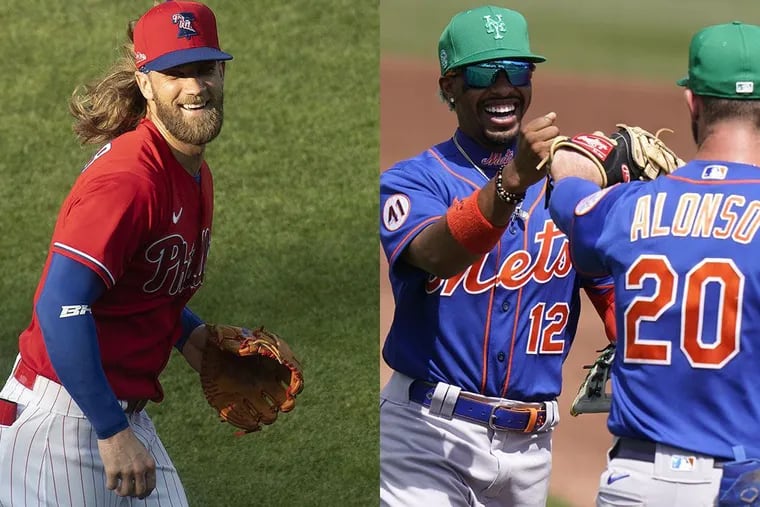 Bryce Harper, left, and Francisco Lindor are under contract through 2031 and figure to be the centerpieces of the next chapter of the Phillies-Mets rivalry.